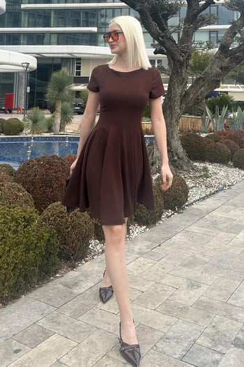 Kahverengi Godeli Mini Elbise MG2326