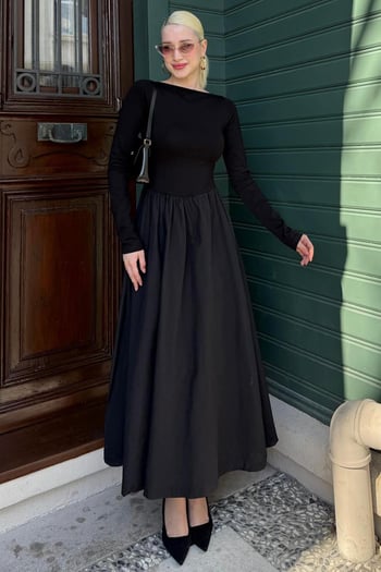 Siyah Maxi Boy %100 Pamuklu Kadın Elbise Mg2365