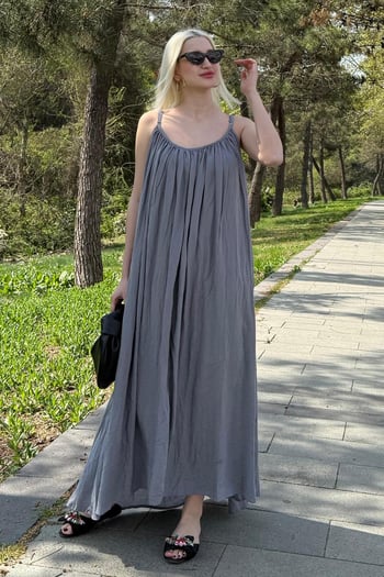 Gri Halter Yaka Askılı Uzun Basic Kadın Elbise MG2163
