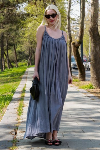 Gri Halter Yaka Askılı Uzun Basic Kadın Elbise MG2163