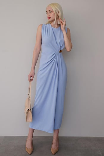Mavi Bronşlu Midi Boy Kadın Elbise Mg2418
