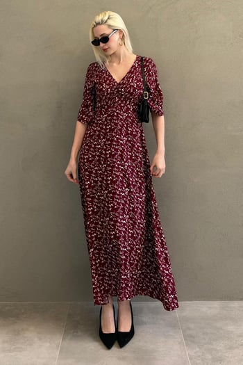Bordo Çiçek Desenli  Yarım Kollu Elbise MG2390