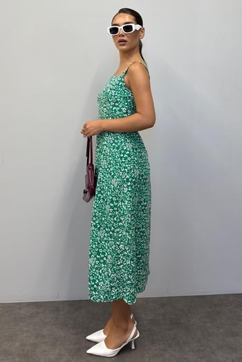 Yeşil Desenli Yırtmaçlı Uzun Elbise MG1868