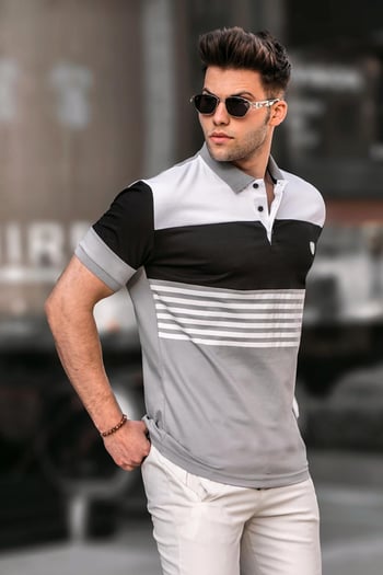 Erkek Boyalı Gri Polo Yaka Çizgili Tişört 5865