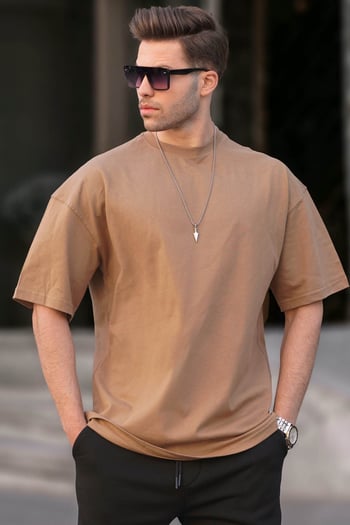 Erkek Kapuçino Oversize Fit Basic Tişört 6066