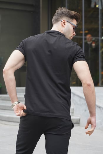 Erkek Siyah Basic Fermuarlı Polo Tişört 6076