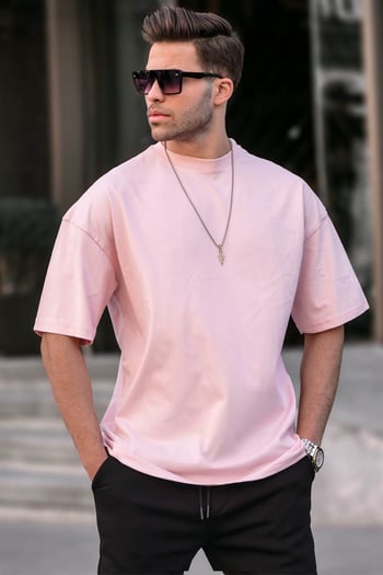 Erkek Toz Pembe Oversize Fit Basic Tişört 6066