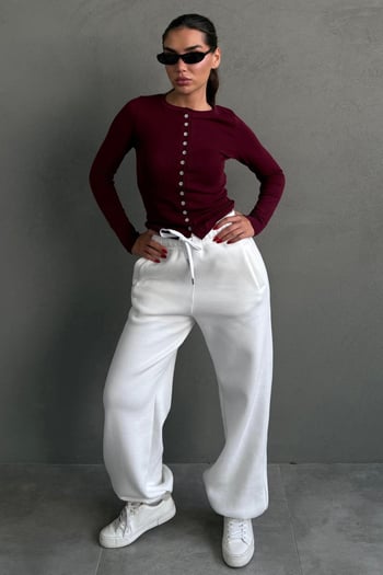 Ekru Geniş Paça Rahat Kalıp Lastikli  Eşofman Altı MG2581