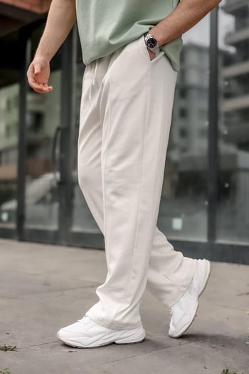 Ekru Önü Dikiş Detaylı Relaxed Fit Erkek Eşofman Altı E6590