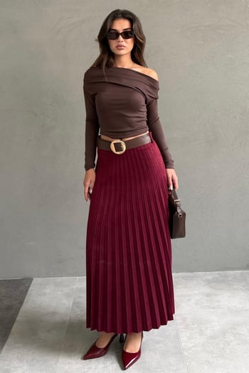 Bordo Pileli Uzun Süet Kadın Etek MG2576