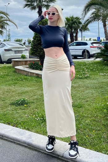Bej Önden Büzgülü Midi Etek MG2084