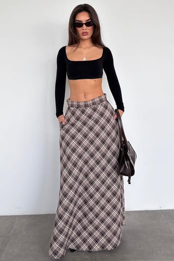 Kahverengi Ekose Desen Uzun Boy Etek MG2648