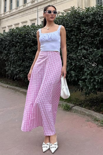 Pembe Pötikareli Midi Boy Kadın Etek Mg2360