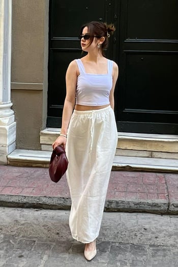 Beyaz Beli Lastikli Uzun Kadın Etek MG1979