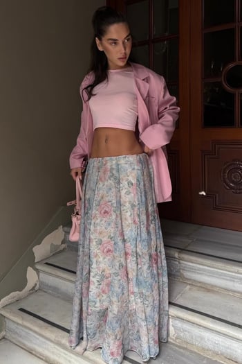 Ekru Çiçek Desenli Vintage Şifon Maxi Etek MG2776