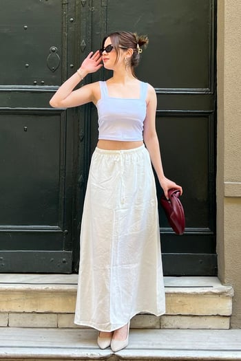 Beyaz Beli Lastikli Uzun Kadın Etek MG1979