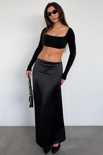 Siyah Saten Midi Boy Şık Kadın Etek MG2637