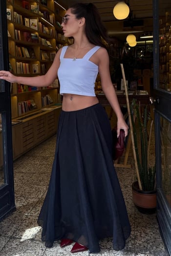 Antrasit Vintage Şifon Maxi Etek MG2776