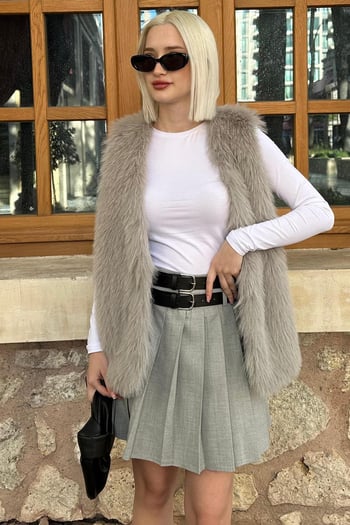 Gri Pileli İki Kemerli Kadın Etek MG2246