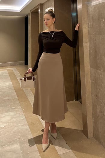  Vizon Midi Boy Kadın Saten Etek MG1409