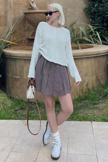 Bordo Ekose Desen Kadın Pileli Etek MG2248