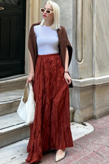 Bordo Beli Lastikli Buruşuk Mikro Uzun Kadın Etek MG2155