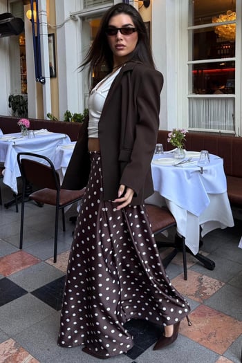 Kahverengi Puantiyeli Maxi Kadın Saten Etek MG2725