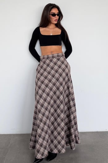 Kahverengi Ekose Desen Uzun Boy Etek MG2648