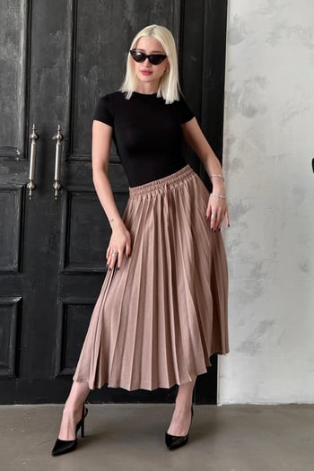 Camel Pileli Midi Boy Kadın Etek Mg2393