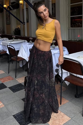 Siyah Çiçek Desenli Vintage Şifon Maxi Etek MG2776