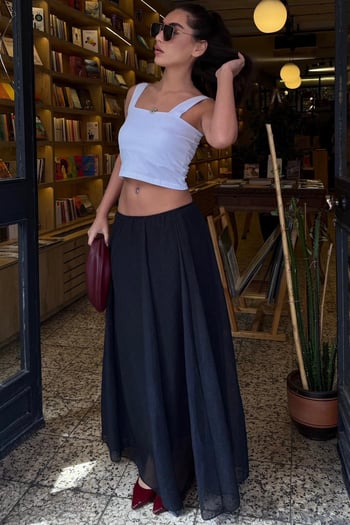 Antrasit Vintage Şifon Maxi Etek MG2776