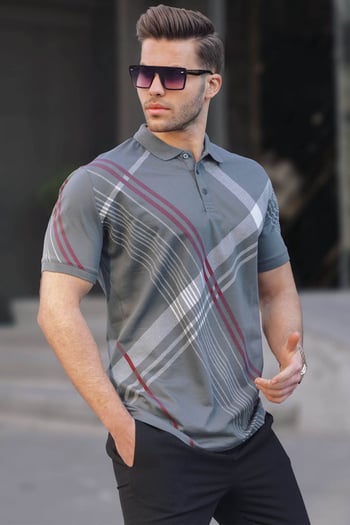 Füme Desenli Polo Yaka Erkek Tişört 6079
