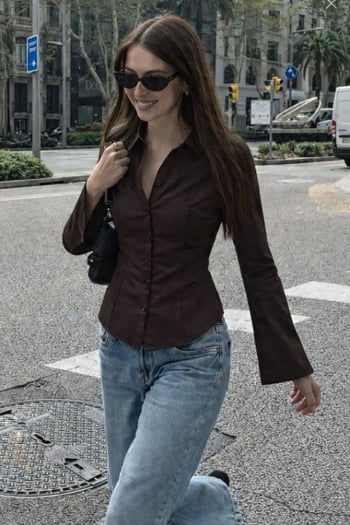 Kahverengi Vücuda Oturan Slim Fit Kadın Gömlek MG2659