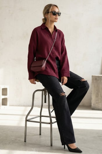 Bordo Muslin Kumaş Basic Kadın Gömlek MG1660