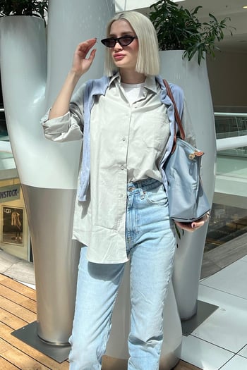 Gri Oversize Basic Cepli Poplin Gömlek MG1530