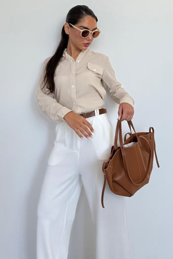 Vizon Çizgili Gofre Kumaş Kadın Oversize Gömlek MG1666