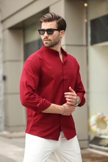 Bordo Hakim Yaka Keten Görünümlü Pamuklu Uzun Kollu Erkek Gömlek 6745