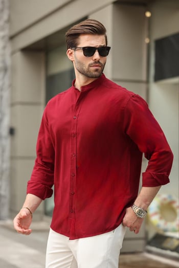 Bordo Hakim Yaka Keten Görünümlü Pamuklu Uzun Kollu Erkek Gömlek 6745