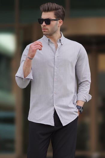 Gri Uzun Kollu Pamuklu Keten Görünümlü Erkek Gömlek 6743