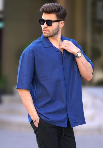 Lacivert Kısa Kollu Oversize Erkek Gömlek 6735