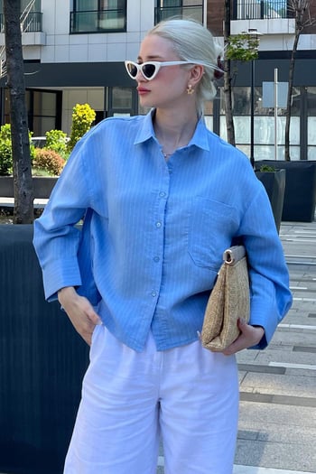 Mavi Çizgili Oversize Kadın Gömlek MG2093