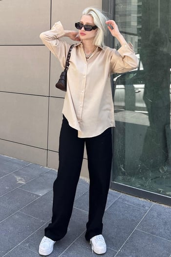 Mad Girls Bej Oversize Gömlek MG1369