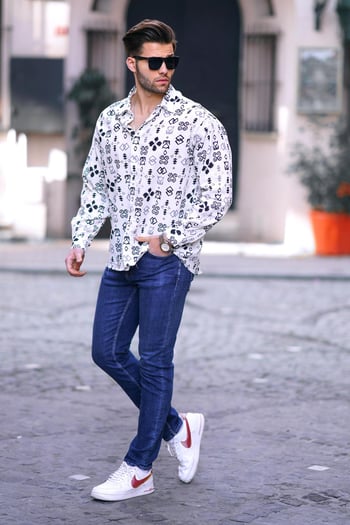 Siyah  Desenli Uzun Kollu Oversize Erkek Gömlek 6731