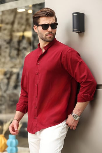 Bordo Hakim Yaka Keten Görünümlü Pamuklu Uzun Kollu Erkek Gömlek 6745
