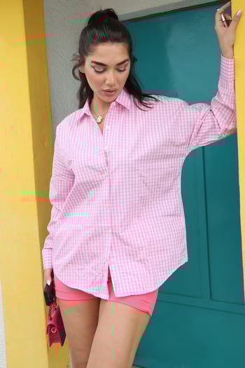 Pembe Pötikareli Uzun Kollu Kadın Gömlek Mg2386