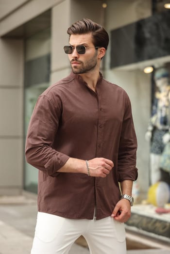Kahverengi Hakim Yaka Keten Görünümlü Pamuklu Uzun Kollu Erkek Gömlek 6745