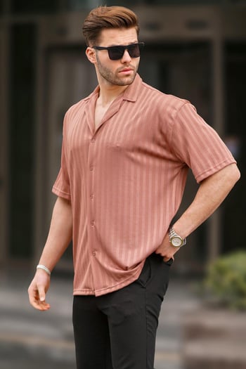 Kiremit Çizgili Kısa Kollu Erkek Gömlek 6738