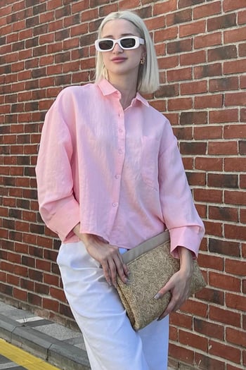 Pembe Çizgili Oversize Kadın Gömlek MG2093