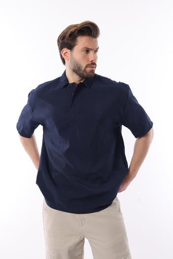Lacivert Oversize Rahat Kesim Kısa Kollu Gömlek 6744