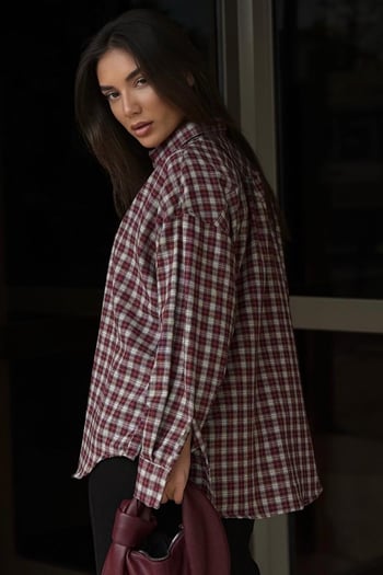 Kırmızı Oversize Kareli Kadın Gömlek MG2822